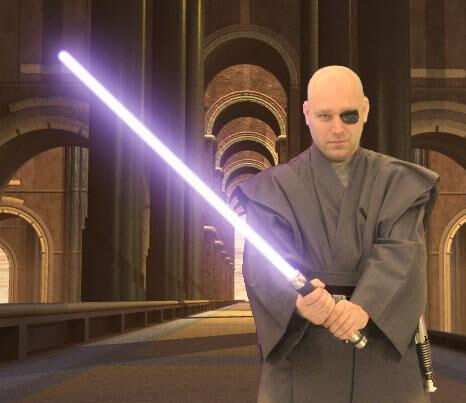 Eliot in his custom created grey jedi ensemble