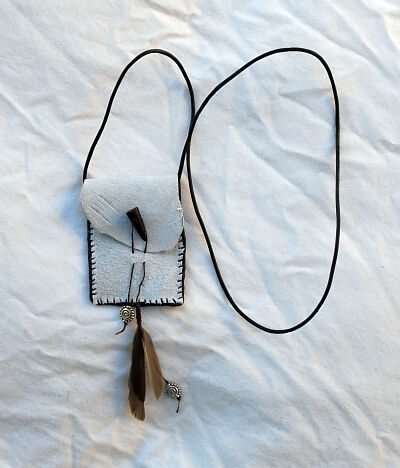 Small White Leather Pouch with Feathers