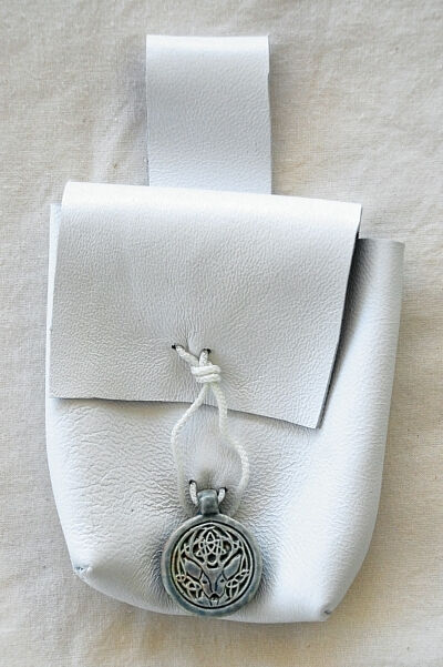 White Lambskin Leather Belt Pouch with Celtic Deer Ceramic Accent