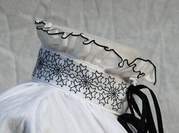 White Linen Elizabethan Shirt with Blackwork Embroidery Neck Detail