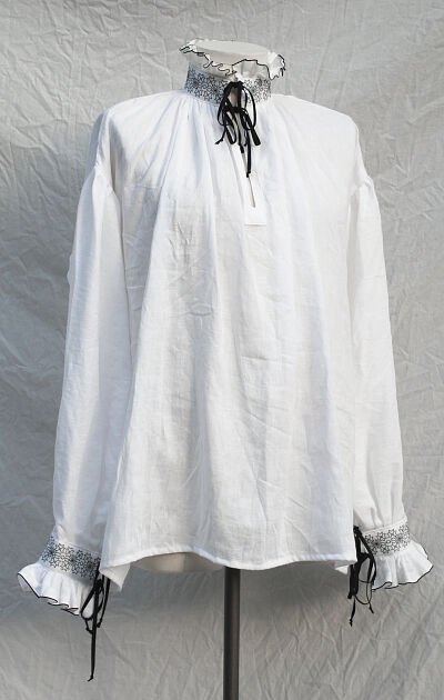 White Linen Elizabethan Shirt with Blackwork Embroidery